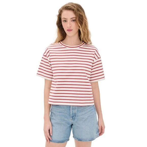 Madewell Women's Everyday Short Sleeve Boxy Crop Tee Stripe Lighthouse Red M New - Picture 1 of 7